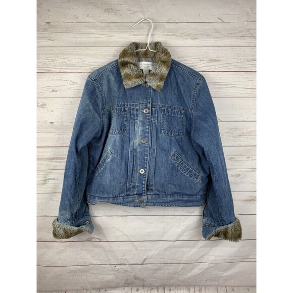 Liz Claiborne Denim Jean Jacket Womens Petite Medium‎ Faux Fur Collar Cuffs - Picture 1 of 5